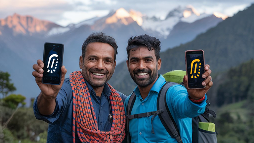 Two happy travelers holding a phone